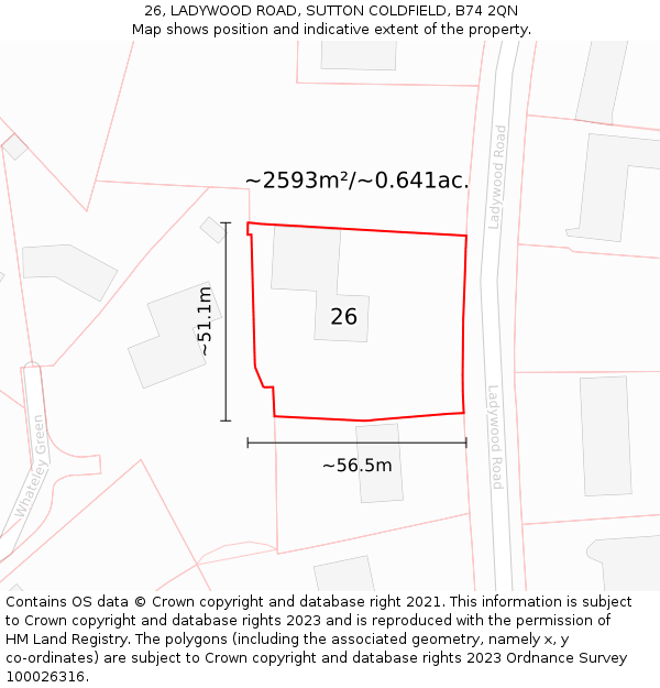 26, LADYWOOD ROAD, SUTTON COLDFIELD, B74 2QN: Plot and title map