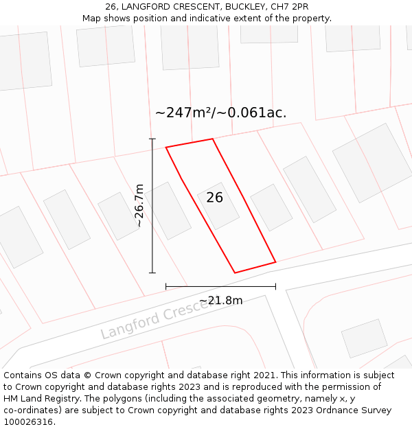 26, LANGFORD CRESCENT, BUCKLEY, CH7 2PR: Plot and title map