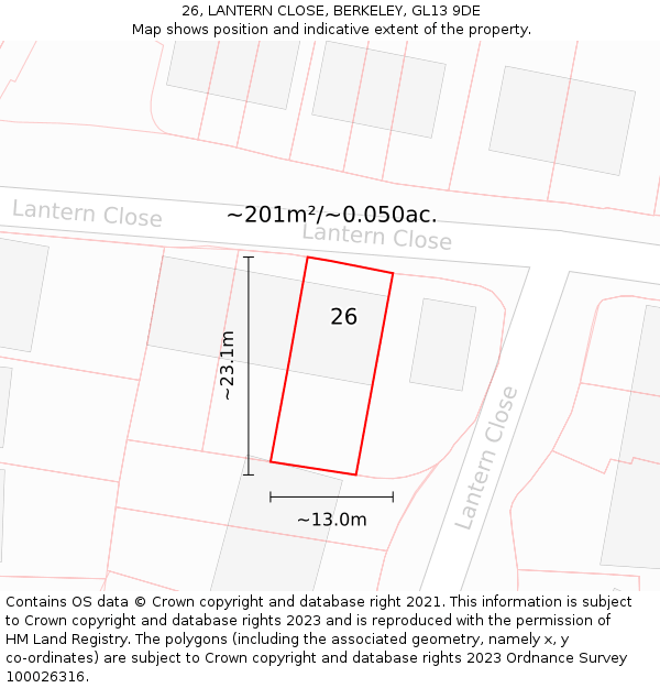 26, LANTERN CLOSE, BERKELEY, GL13 9DE: Plot and title map