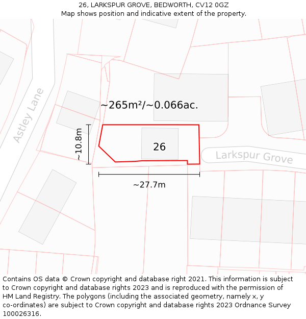 26, LARKSPUR GROVE, BEDWORTH, CV12 0GZ: Plot and title map