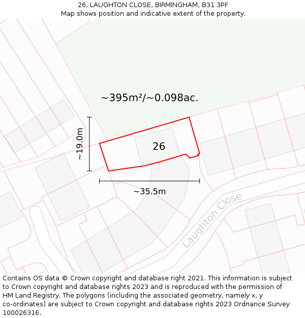 26, LAUGHTON CLOSE, BIRMINGHAM, B31 3PF: Plot and title map