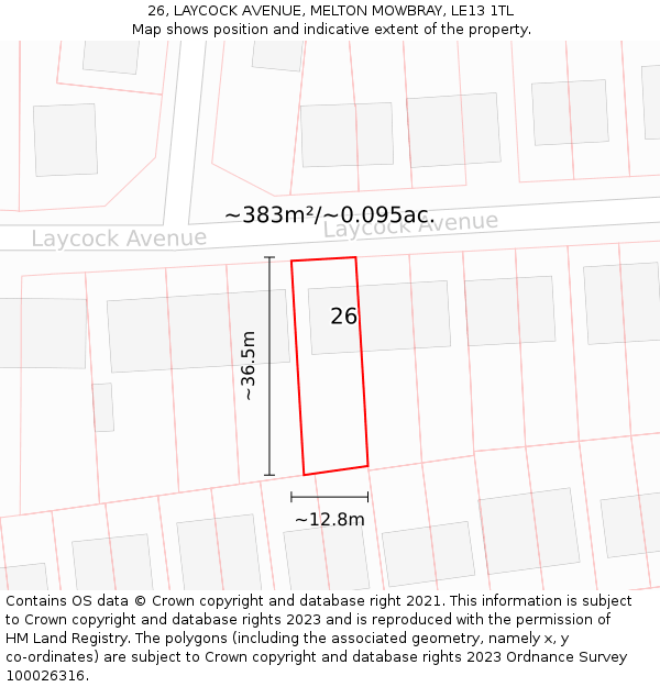 26, LAYCOCK AVENUE, MELTON MOWBRAY, LE13 1TL: Plot and title map