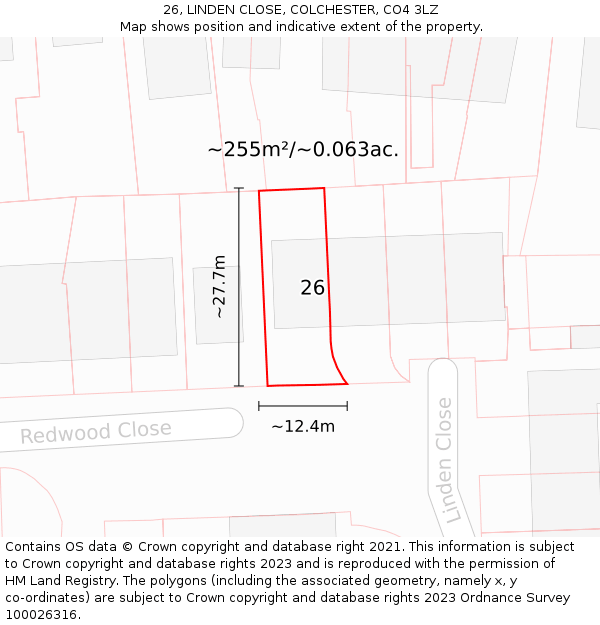 26, LINDEN CLOSE, COLCHESTER, CO4 3LZ: Plot and title map