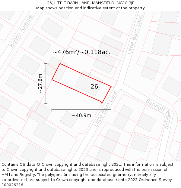 26, LITTLE BARN LANE, MANSFIELD, NG18 3JE: Plot and title map