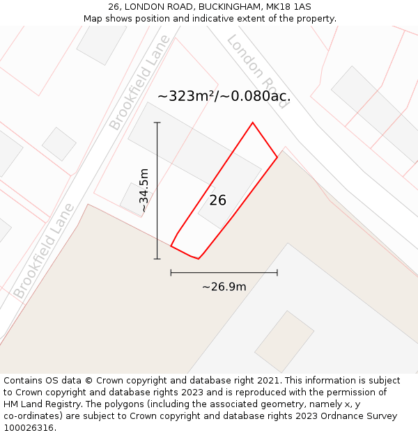 26, LONDON ROAD, BUCKINGHAM, MK18 1AS: Plot and title map