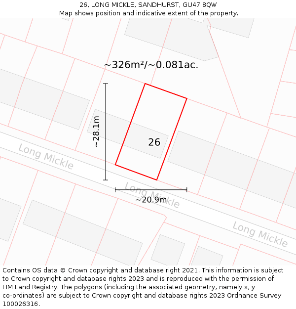 26, LONG MICKLE, SANDHURST, GU47 8QW: Plot and title map