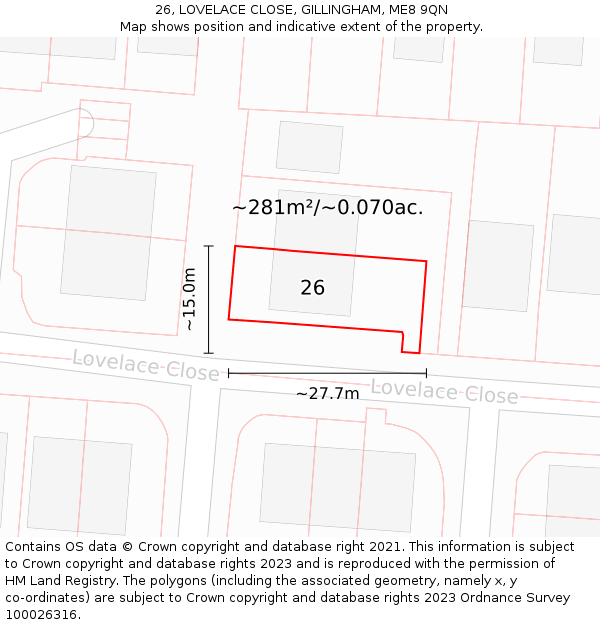 26, LOVELACE CLOSE, GILLINGHAM, ME8 9QN: Plot and title map