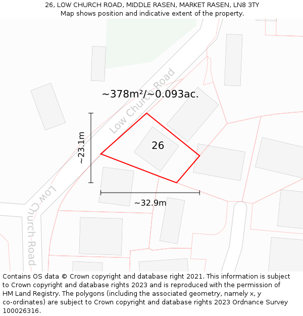 26, LOW CHURCH ROAD, MIDDLE RASEN, MARKET RASEN, LN8 3TY: Plot and title map