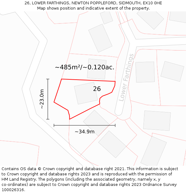 26, LOWER FARTHINGS, NEWTON POPPLEFORD, SIDMOUTH, EX10 0HE: Plot and title map