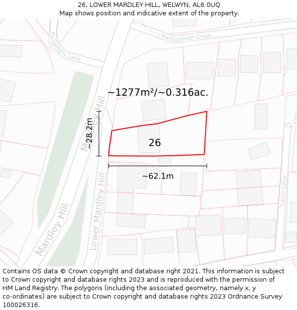 26, LOWER MARDLEY HILL, WELWYN, AL6 0UQ: Plot and title map