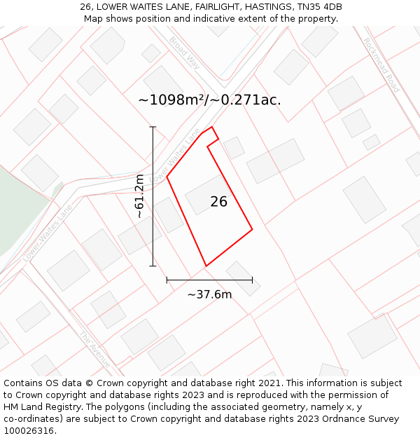 26, LOWER WAITES LANE, FAIRLIGHT, HASTINGS, TN35 4DB: Plot and title map