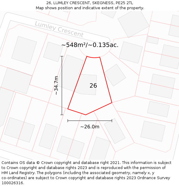 26, LUMLEY CRESCENT, SKEGNESS, PE25 2TL: Plot and title map