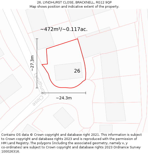 26, LYNDHURST CLOSE, BRACKNELL, RG12 9QP: Plot and title map