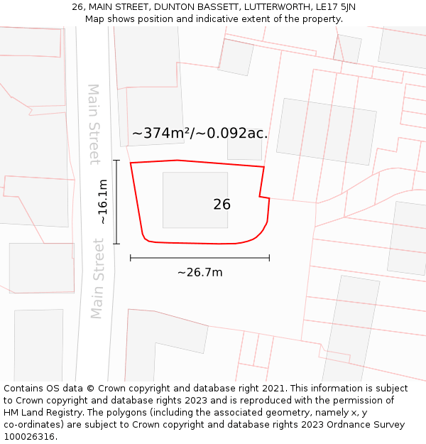 26, MAIN STREET, DUNTON BASSETT, LUTTERWORTH, LE17 5JN: Plot and title map