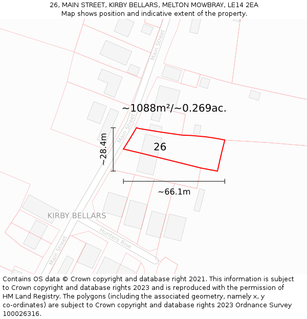 26, MAIN STREET, KIRBY BELLARS, MELTON MOWBRAY, LE14 2EA: Plot and title map