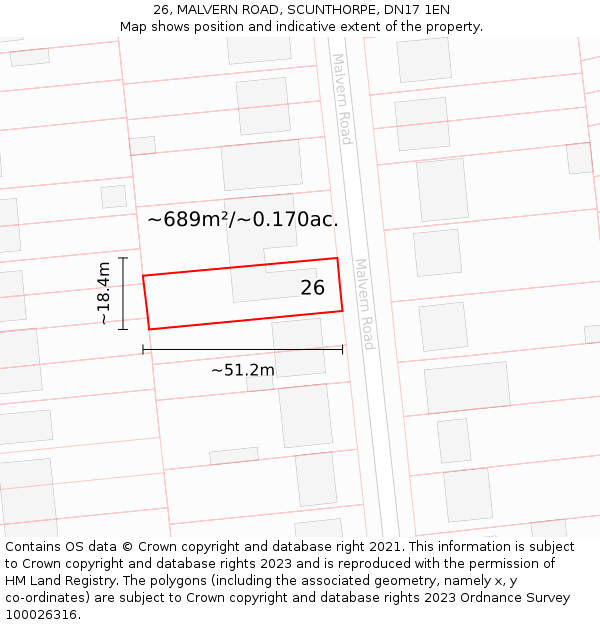 26, MALVERN ROAD, SCUNTHORPE, DN17 1EN: Plot and title map