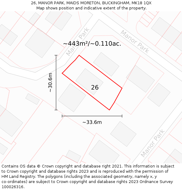 26, MANOR PARK, MAIDS MORETON, BUCKINGHAM, MK18 1QX: Plot and title map