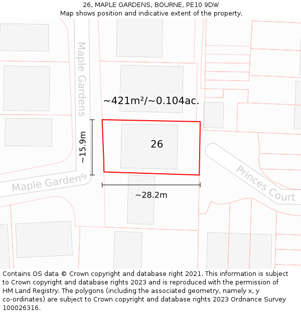 26, MAPLE GARDENS, BOURNE, PE10 9DW: Plot and title map