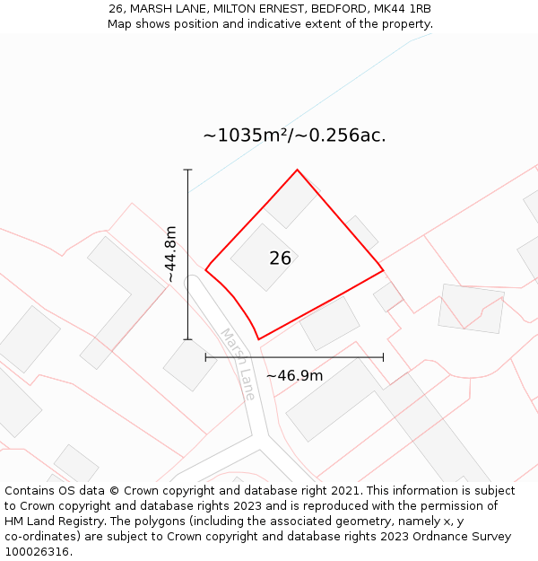 26, MARSH LANE, MILTON ERNEST, BEDFORD, MK44 1RB: Plot and title map