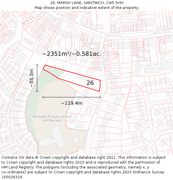 26, MARSH LANE, NANTWICH, CW5 5HH: Plot and title map