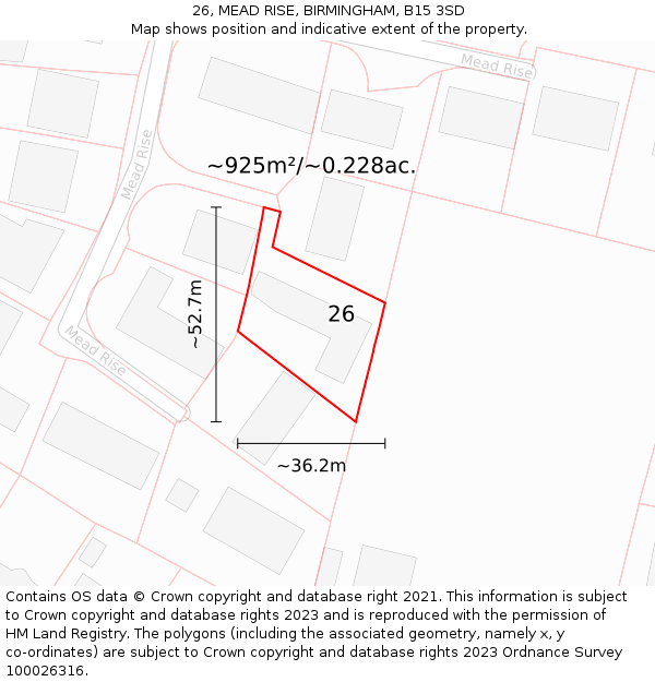 26, MEAD RISE, BIRMINGHAM, B15 3SD: Plot and title map