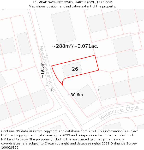 26, MEADOWSWEET ROAD, HARTLEPOOL, TS26 0QZ: Plot and title map