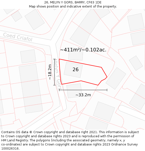 26, MELYN Y GORS, BARRY, CF63 1DE: Plot and title map