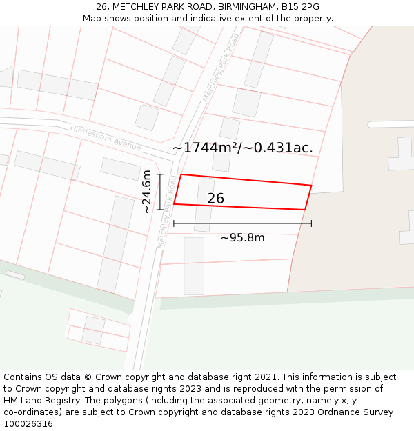 26, METCHLEY PARK ROAD, BIRMINGHAM, B15 2PG: Plot and title map