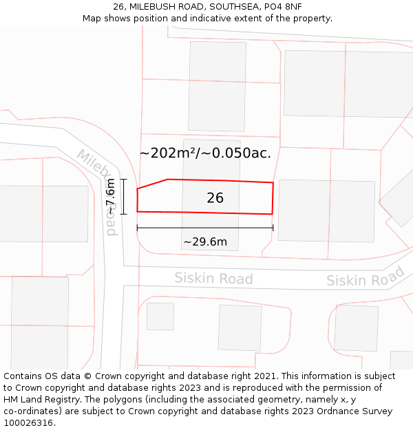 26, MILEBUSH ROAD, SOUTHSEA, PO4 8NF: Plot and title map