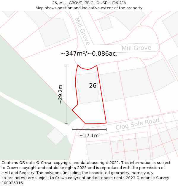 26, MILL GROVE, BRIGHOUSE, HD6 2FA: Plot and title map