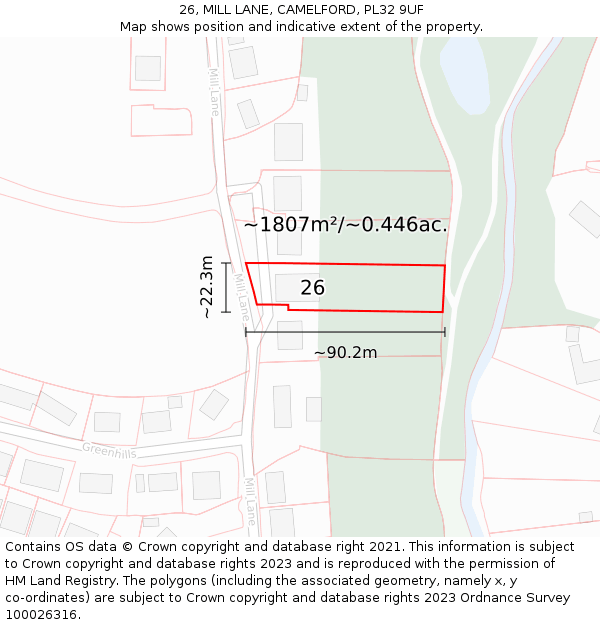 26, MILL LANE, CAMELFORD, PL32 9UF: Plot and title map