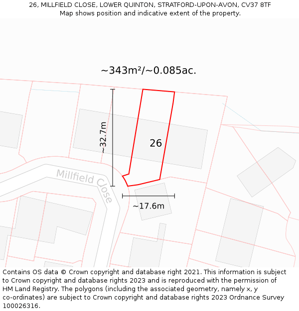 26, MILLFIELD CLOSE, LOWER QUINTON, STRATFORD-UPON-AVON, CV37 8TF: Plot and title map
