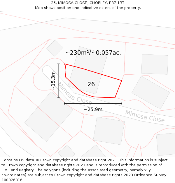 26, MIMOSA CLOSE, CHORLEY, PR7 1BT: Plot and title map