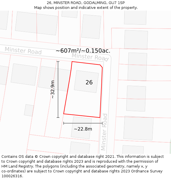 26, MINSTER ROAD, GODALMING, GU7 1SP: Plot and title map