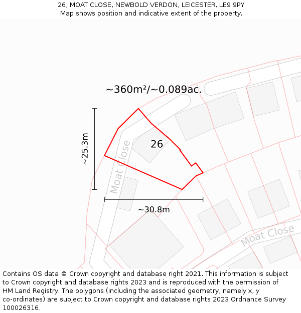 26, MOAT CLOSE, NEWBOLD VERDON, LEICESTER, LE9 9PY: Plot and title map