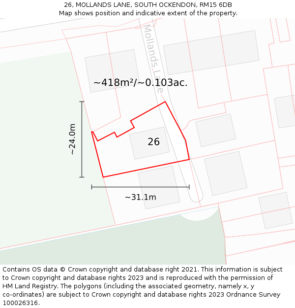 26, MOLLANDS LANE, SOUTH OCKENDON, RM15 6DB: Plot and title map