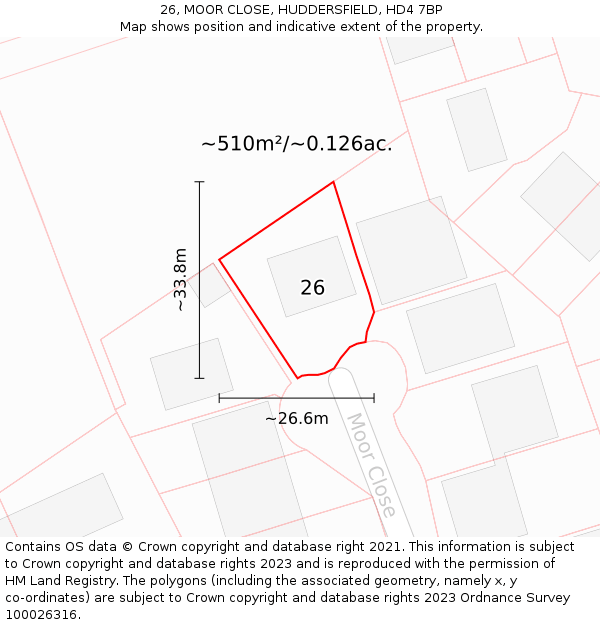 26, MOOR CLOSE, HUDDERSFIELD, HD4 7BP: Plot and title map