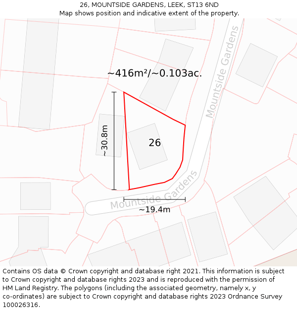 26, MOUNTSIDE GARDENS, LEEK, ST13 6ND: Plot and title map