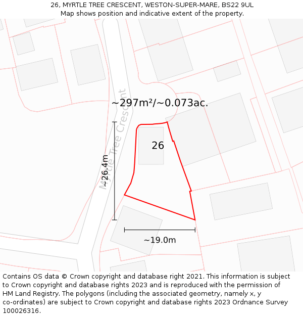 26, MYRTLE TREE CRESCENT, WESTON-SUPER-MARE, BS22 9UL: Plot and title map