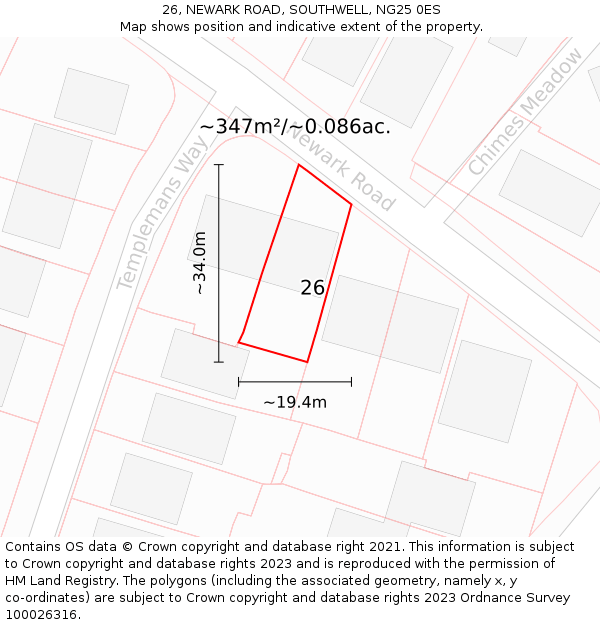 26, NEWARK ROAD, SOUTHWELL, NG25 0ES: Plot and title map