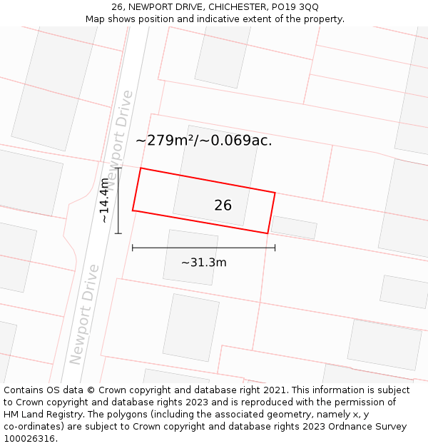 26, NEWPORT DRIVE, CHICHESTER, PO19 3QQ: Plot and title map