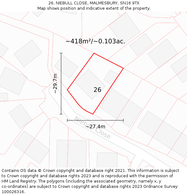 26, NIEBULL CLOSE, MALMESBURY, SN16 9TX: Plot and title map