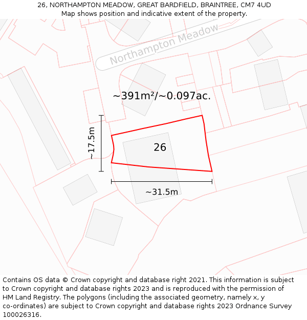 26, NORTHAMPTON MEADOW, GREAT BARDFIELD, BRAINTREE, CM7 4UD: Plot and title map