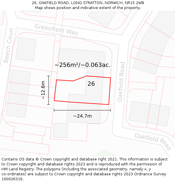 26, OAKFIELD ROAD, LONG STRATTON, NORWICH, NR15 2WB: Plot and title map