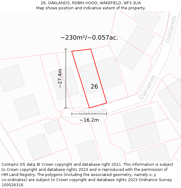 26, OAKLANDS, ROBIN HOOD, WAKEFIELD, WF3 3UA: Plot and title map