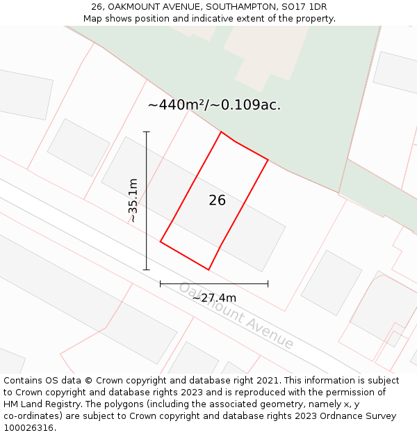 26, OAKMOUNT AVENUE, SOUTHAMPTON, SO17 1DR: Plot and title map