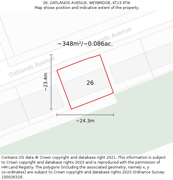 26, OATLANDS AVENUE, WEYBRIDGE, KT13 9TW: Plot and title map