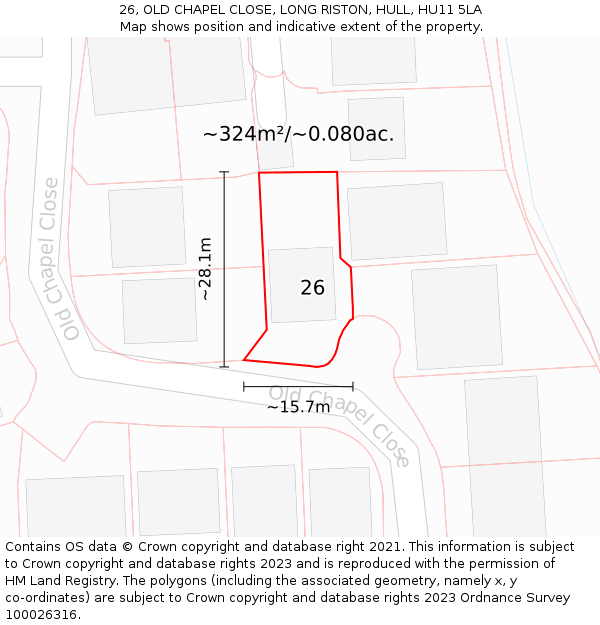 26, OLD CHAPEL CLOSE, LONG RISTON, HULL, HU11 5LA: Plot and title map