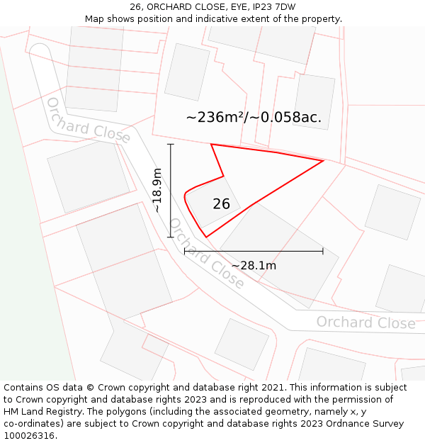 26, ORCHARD CLOSE, EYE, IP23 7DW: Plot and title map