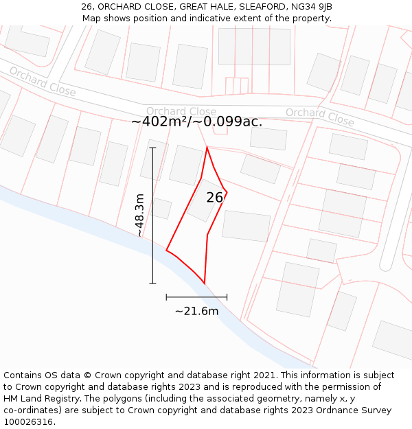 26, ORCHARD CLOSE, GREAT HALE, SLEAFORD, NG34 9JB: Plot and title map